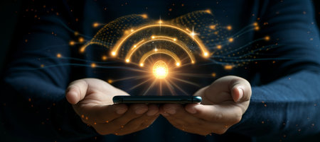 Holographic wifi icon shining over mobile phone with copy space and hands holding deviceの素材