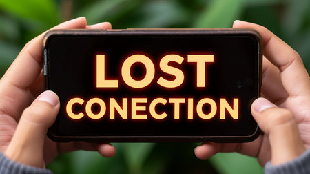 Lost connection  interactive holographic text icon shining on a mobile phone held in hands.の素材