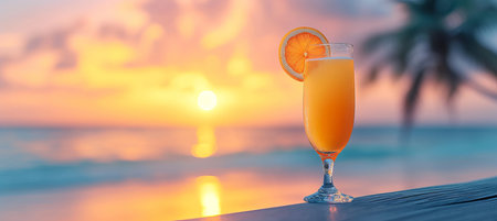 Refreshing hurricane cocktail in tropical setting with blurred beach background and copy spaceの素材