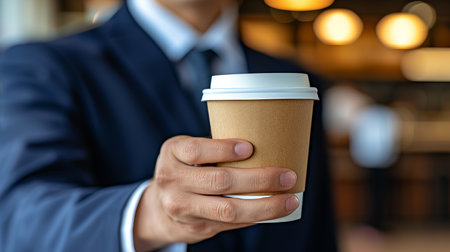 Close up of businessman s hand holding empty coffee to go paper cup, business conceptの素材