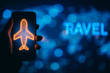 Interactive holographic travel icon shining over mobile phone screen, futuristic technology conceptの素材