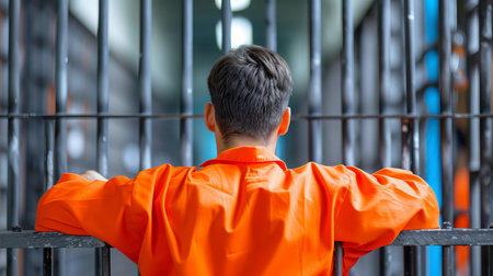 Solitary man in orange jumpsuit sitting alone on a cold metal bench inside a dimly lit prison cellの素材