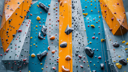 Vibrant indoor rock climbing wall with colorful holds and grips for climbing enthusiastsの素材