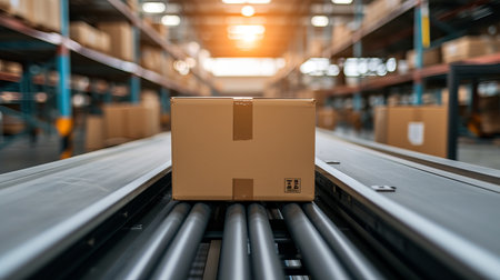 Efficient transportation of multiple cardboard box packages on conveyor belt in warehouse facilityの素材