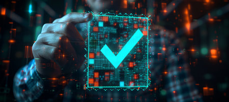 Certified businessman holding digital green compliance tick hologram with copy spaceの素材