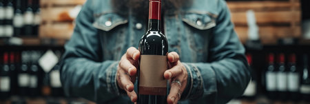 Professional wine merchant presenting a bottle of red wine in a spacious shop with room for textの素材