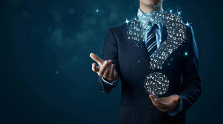 Businessman holding white question mark hologram for certification or audit conceptの素材