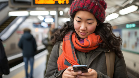 Elegant young asian woman standing on underground platform, engrossed in mobile phone usageの素材