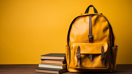 Colorful backpack with books on yellow backgroundback to school concept for education and learning.の素材
