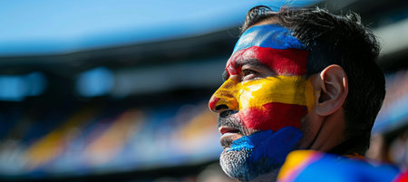 Excited spanish football fan with flag face paint at stadium event, copy space for text placementの素材