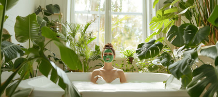 Luxurious spa day  woman relaxing with facial mask in bubble bath, panoramic view with copy spaceの素材