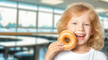 Happy preteen girl enjoying donuts in restaurant with blurred background and copy spaceの素材