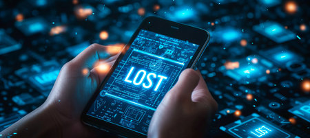 Lost  interactive holographic text icon shining over mobile phone with copy spaceの素材