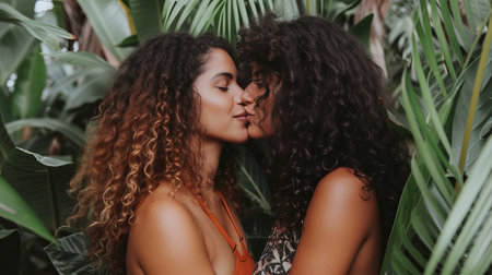 Emotional connection as stunning young women models share a passionate kiss while facing each otherの素材