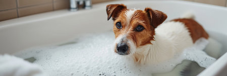 Cheerful dog in bubble bath with window view   happy canine in sudsy tub creates panoramaの素材