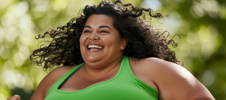 Experiencing the delight of outdoor fitness  overweight woman jogging in the parkの素材