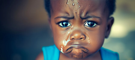 Close up portrait of a young toddler boy with tears streaming down his face as he criesの素材