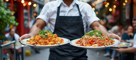 Experienced waiter serving meat dishes at a stylish event with copy space in a restaurantの素材