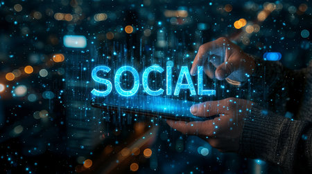 Holographic social media text icon  social  displayed over mobile phone in handsの素材