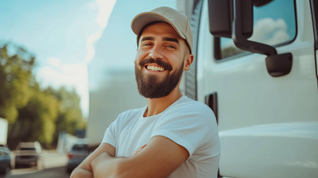 Bearded truck driver in hat and crossed arms smiling confidently in front of truckの素材