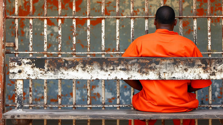 Isolated inmate in orange prison attire sitting alone on a bench inside a jail cellの素材