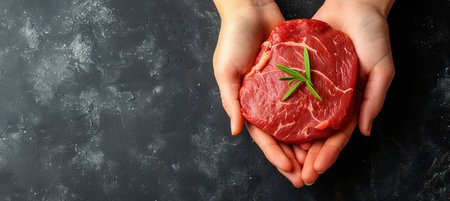 Butcher s hands holding a juicy, red raw beef steak with space for text placementの素材
