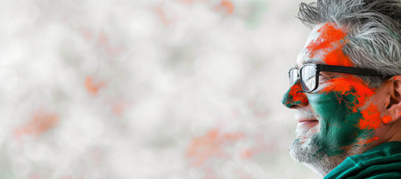 Excited italian fan with flag face paint at sports event, copy space for text placementの素材