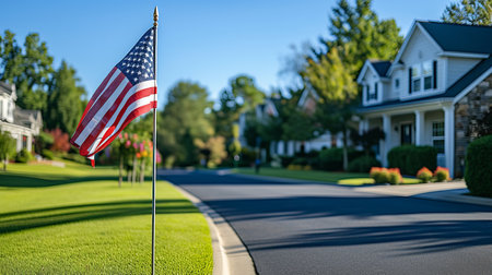 American flag on home corner, symbolizing national pride, against blurred sunny day backgroundの素材