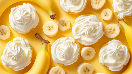 Ripe banana with creamy white topping on a pastel color background, isolated and ready to eatの素材