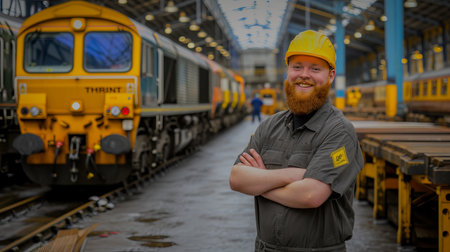Confident bearded train conductor with arms crossed, smiling at camera in front of his trainの素材
