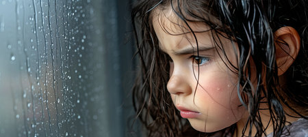 Distressed young toddler girl with tears streaming down her face in a close up portraitの素材