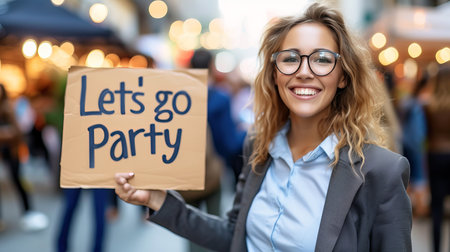 Excited businesswoman holding a  let s go party  sign with blurred night city backgroundの素材