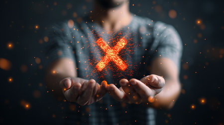 Businessman holding digital hologram of red x mark   fail certification audit conceptの素材