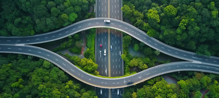 Aerial view of expressway traffic, vital urban infrastructure in bustling megalopolisの素材