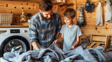 Young son helping his father with loading dirty laundry into washing machine at homeの素材