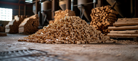 Stack of biomass wood pellets on blurred background with copy space for text placementの素材