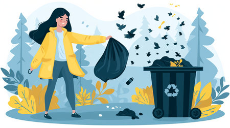 Woman responsibly disposing of waste by removing garbage bag from home trash canの素材
