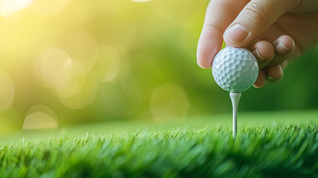 Beautifully manicured golf course, golf ball on tee, panoramic view with copy space.の素材