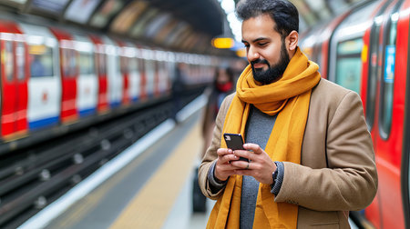 Young man at underground station platform, deeply engrossed in consulting his mobile phoneの素材