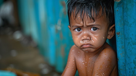 Close up portrait of a young toddler boy with tearful eyes and sad expression, crying with tearsの素材
