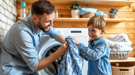 Father and son loading dirty laundry into washing machine for laundry day choresの素材