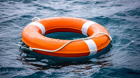 Red and white lifebuoy floating on the calm open sea under a clear blue sky on a sunny dayの素材