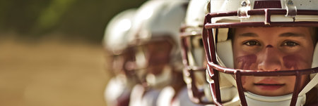 American football players lined up and ready for kickoff, eager to begin their exciting matchの素材