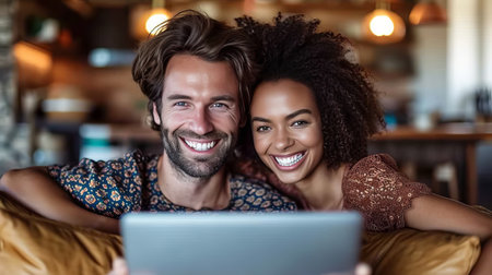 Multiracial couple enjoying time together, watching laptop on comfy sofa at homeの素材