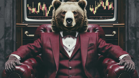 Anamorphic bear in dark red cherry suit sitting with stock share graphics, bear market conceptの素材
