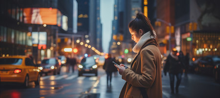Woman using mobile app in city street at night with blurred background and copy spaceの素材
