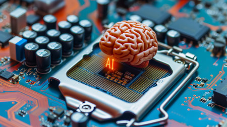 Futuristic holographic human brain floating above a computer cpu with a shining ai icon.の素材