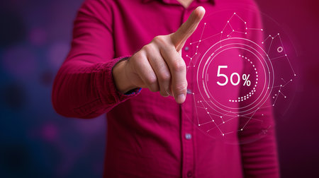 Interactive holographic shining icon with 50  discount offer floating in the airの素材