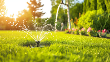 Efficient garden watering systems with automatic sprinklers watering lush green lawnの素材