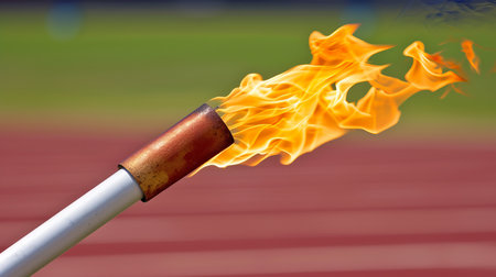 Olympic torch flame burning against blurred sports arena with copy space for textの素材